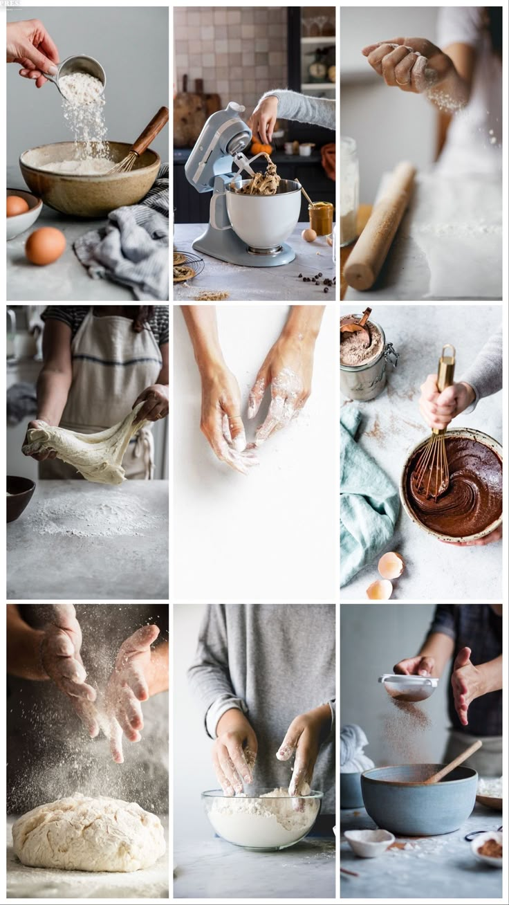 a series of photos showing different stages of making bread and kneading them together