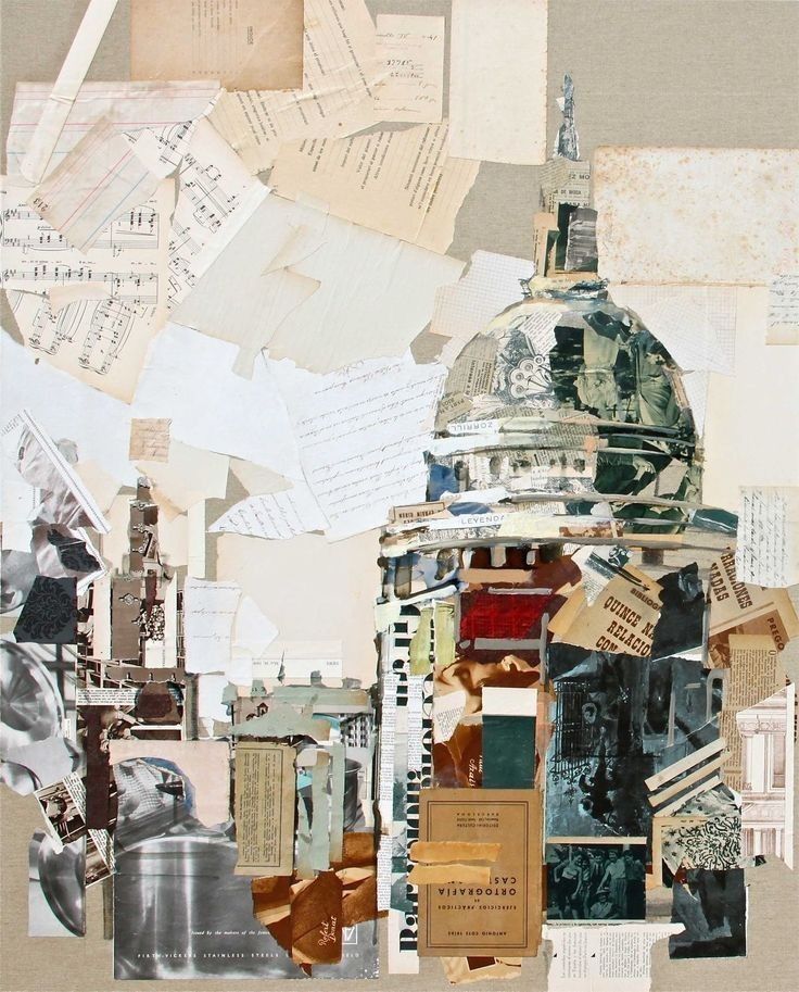 a collage of various papers and pictures with a building in the middle surrounded by other pieces of paper