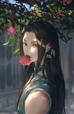 a woman with long black hair holding a flower