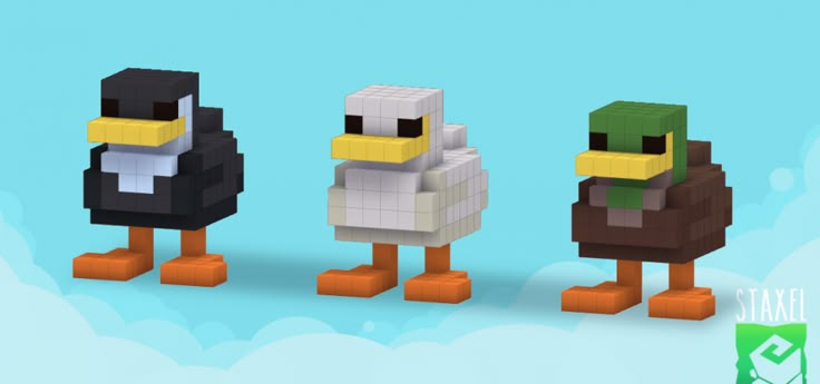 three lego ducks standing next to each other in front of a blue sky with clouds