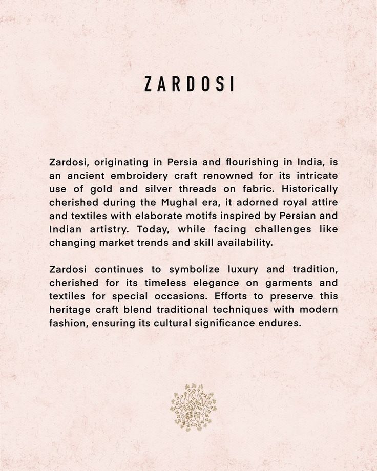 ✨ The Art of Zardosi ✨ Originating from Persia and flourishing in India, Zardosi is an ancient embroidery craft celebrated for its intricate gold and silver threads. Once adorning royal attire during the Mughal era, it continues to symbolize luxury and timeless elegance. At Richa Ahluwalia, we cherish this heritage by blending traditional techniques with modern fashion, ensuring the cultural significance of Zardosi endures. #Zardosi #HeritageCraft #LuxuryEmbroidery #RichaAhluwalia #Cultura... Ancient Embroidery, Royal Attire, Clothing Labels Design, Zardosi Embroidery, Labels Design, Heritage Crafts, Embroidery Craft, Clothing Labels, Traditional Techniques