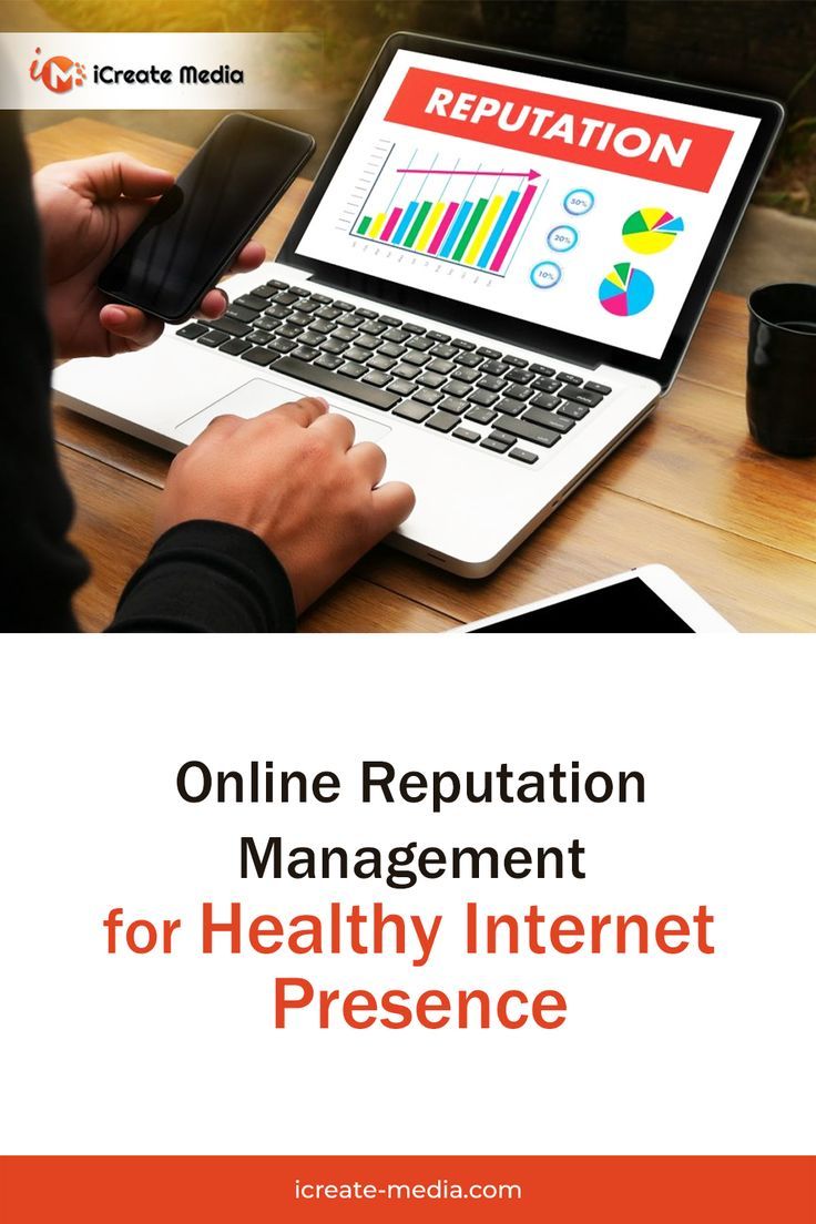 a person sitting at a table with a laptop and mouse in front of them, the text online reputation management for healthy internet presence