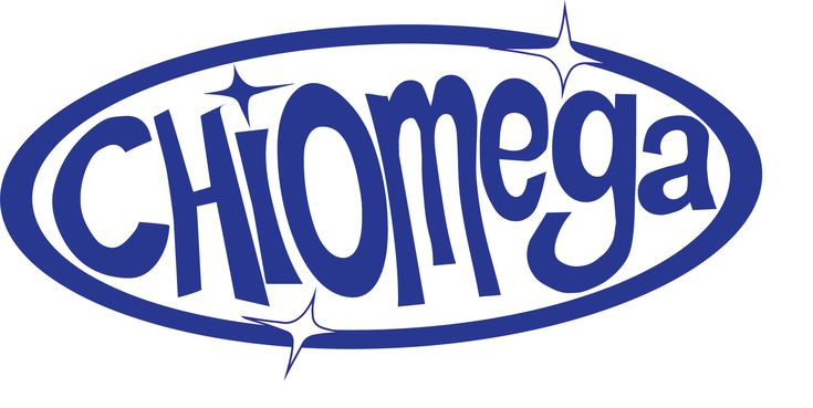 the word chomega in blue and white with stars on it's side