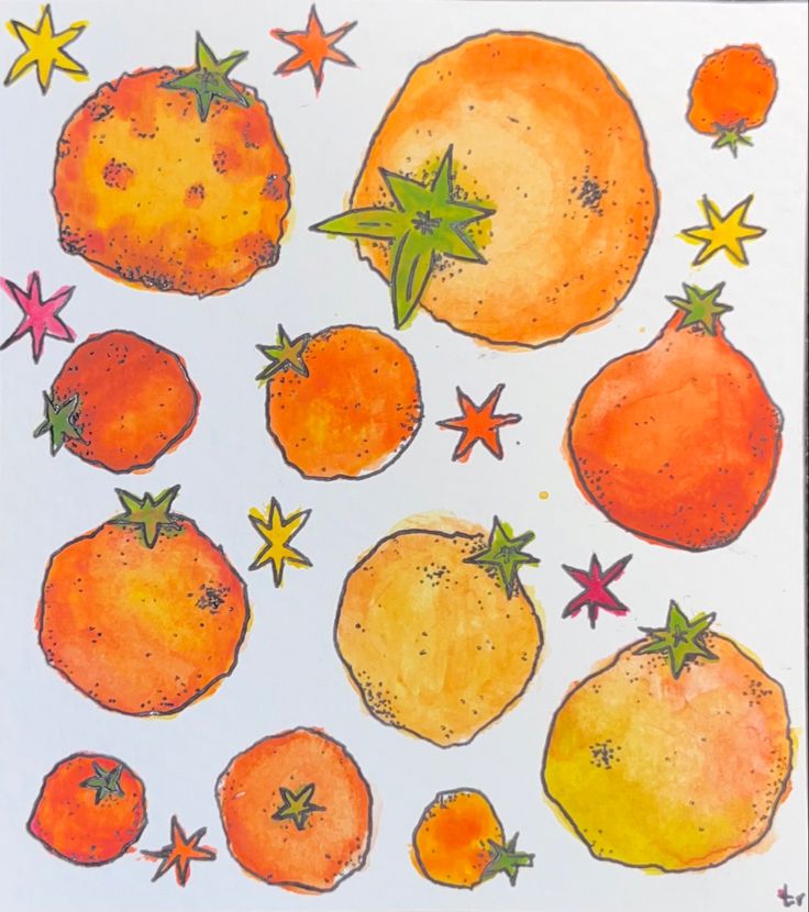 a drawing of oranges and lemons with stars