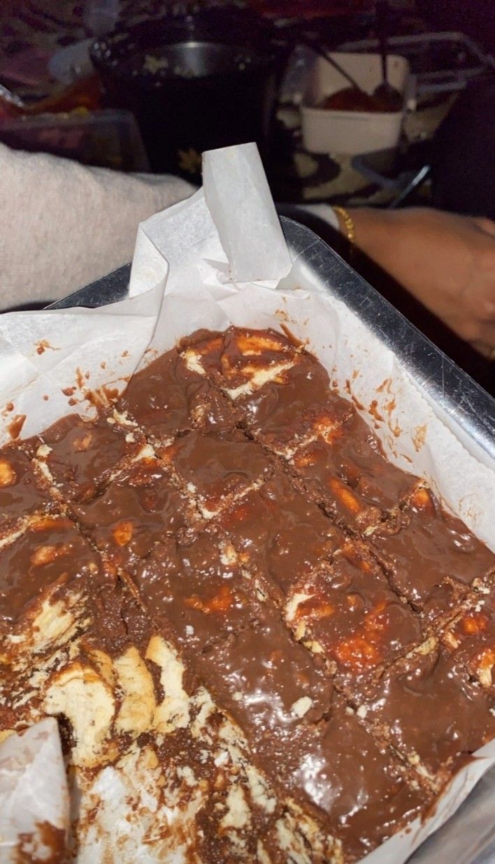 a pan filled with some kind of chocolate dessert