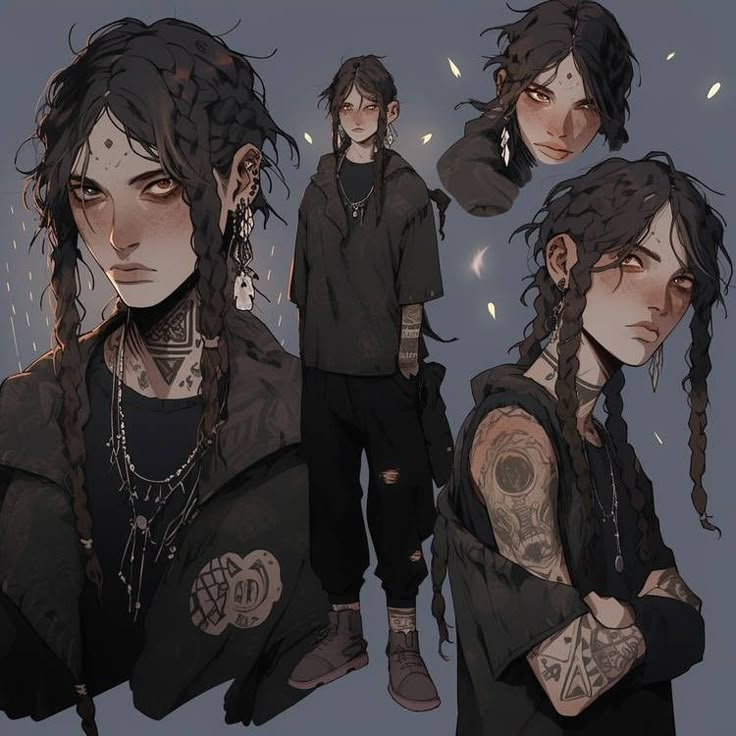 an anime character with long hair and piercings on his head, standing in front of a dark background