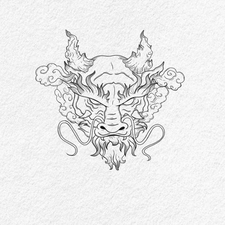 a drawing of a demon head with horns