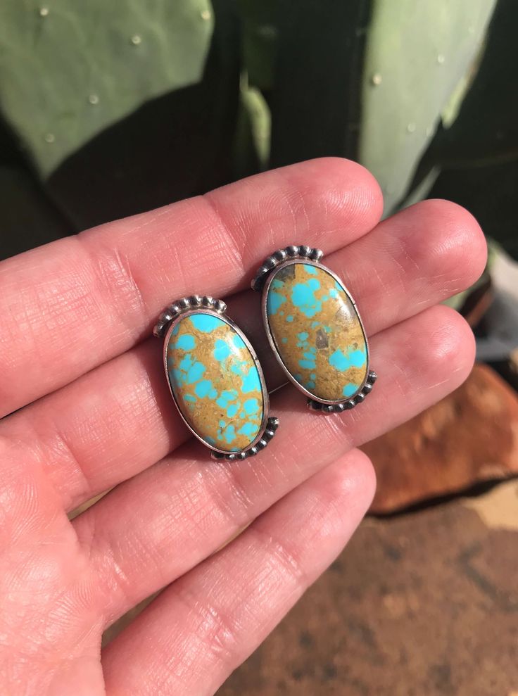 The Turquoise Studs, 94-Earrings-Calli Co., Turquoise and Silver Jewelry, Native American Handmade, Zuni Tribe, Navajo Tribe, Brock Texas Handmade Western Turquoise Earrings, Handmade Turquoise Earrings, Earring Collection, Yellow Shop, Ethnic Jewelry, Earrings Collection, Blue And Yellow, Turquoise Earrings, Stamp