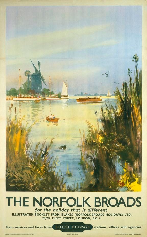 an old poster advertising the norfolk broads with boats and windmills in the background