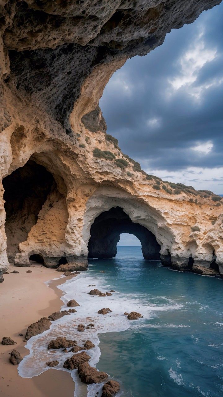 an ocean cave with blue water and waves coming up from the rocks, under a cloudy sky