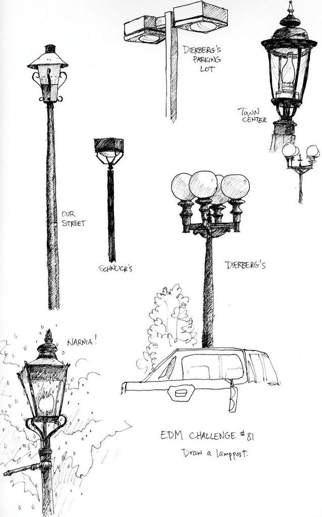 some street lights and cars are shown in this black and white drawing