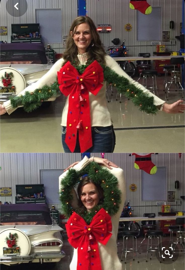 two pictures of a woman wearing a christmas sweater and holding a wreath over her head