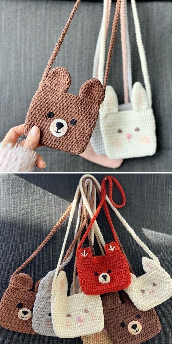 crocheted teddy bear purses hanging from strings