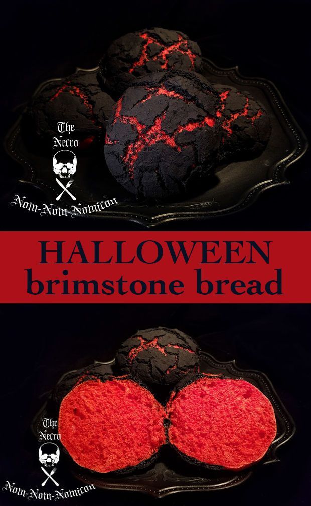 halloween brownies with red frosting are on a black plate and the words, halloween brimstones bread