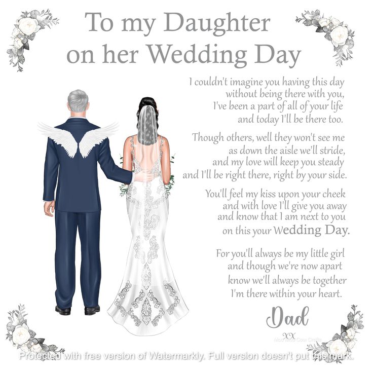 a wedding card with the words to my daughter on her wedding day, and an illustration of a bride and groom