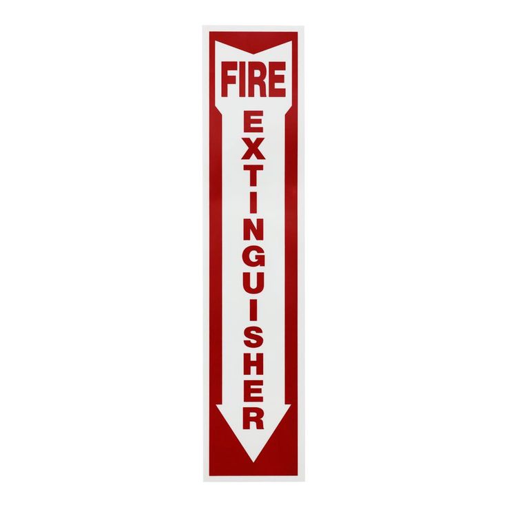 a red fire extinguisher sign with an arrow pointing to the right on a white background