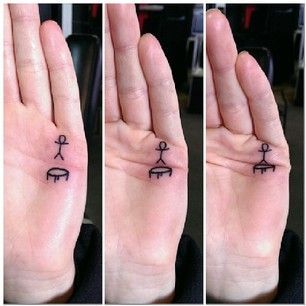 three pictures of a person's hand with small tattoos on their thumb and fingers