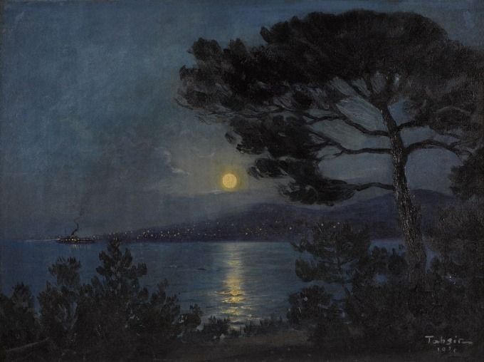 an oil painting of the moon setting over water