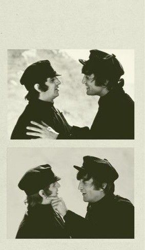 two people are talking to each other in black and white photos, one is wearing a hat