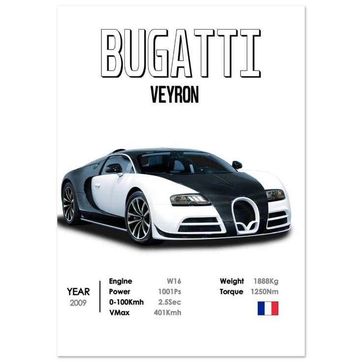 the bugatti veyron poster is shown in black, white and blue