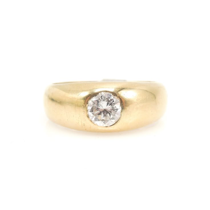 A classic, handsome look. An approximately 0.50ct white diamond is gypsy (flush) set into this wide, handsome 14K yellow gold band. The band is 8mm in width and the diamond is 5.5mm wide. SIZE 7.5 (can be sized) Weddinf Ring, Thick Gold Band Engagement Ring, Gold Band Engagement Rings, Thick Gold Band, Flush Set Diamond, June 3rd, Birthday Ring, Dream Engagement Rings, Diamond Settings