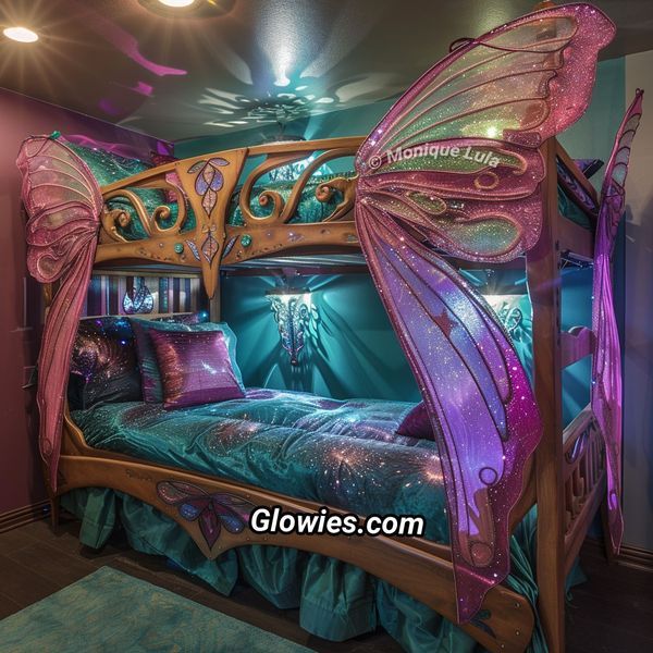 a bed with purple and blue decor in a room that is decorated like a fairy land