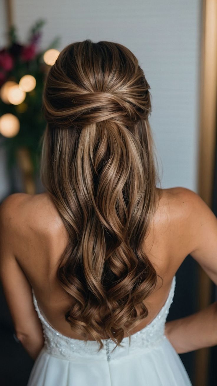 the back of a woman's head with long, wavy hair in her wedding dress