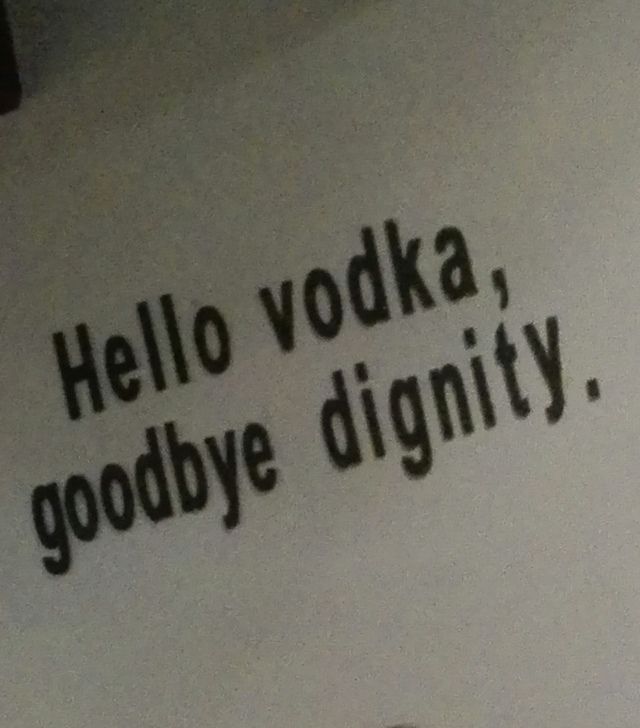 the words hello vodka, goodbye dignity written in black on a white wall