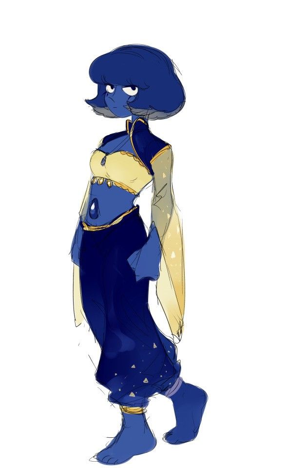 a drawing of a woman in blue and yellow clothes with her hands on her hips