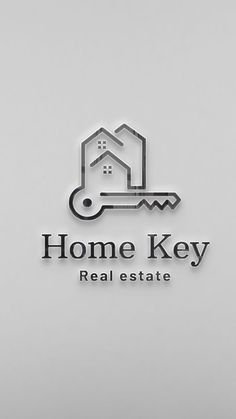 the home key real estate logo is shown in black and white, on a gray background