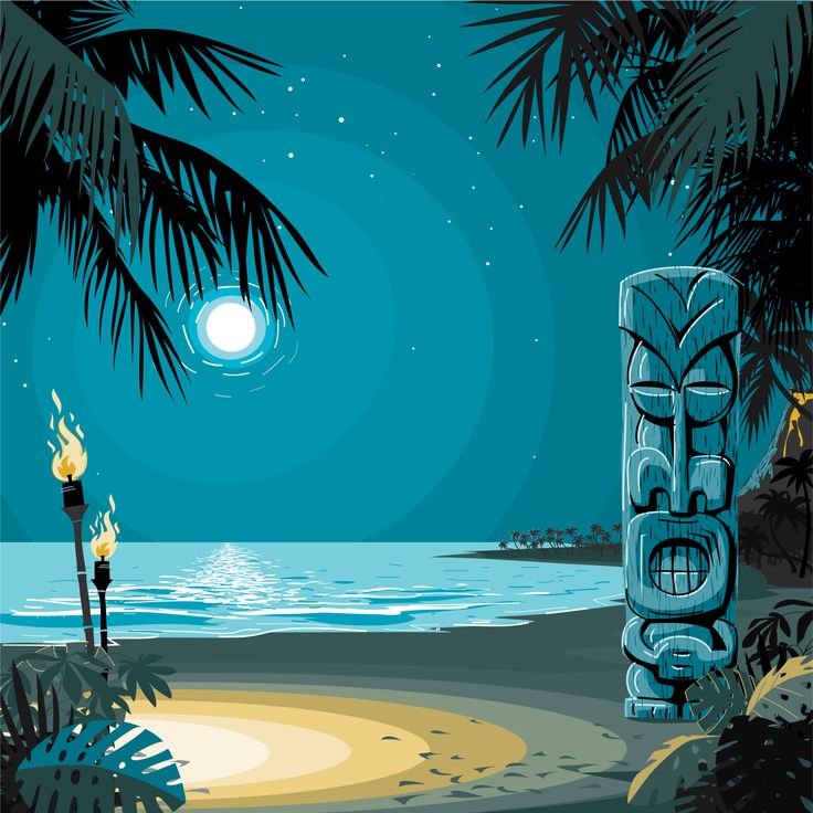 an image of a tiki statue on the beach at night with moon and stars