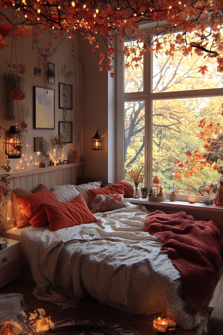 Bedroom with soft, inviting lighting perfect for relaxing during fall evenings. Cozy Halloween Bedroom, Aesthetic Album Covers, 200 Aesthetic, Warm Bedroom Colors, Autumn Bedroom Decor, Indoor Halloween Decorations, Autumn Room, Halloween Bedroom Decor, Cozy Halloween