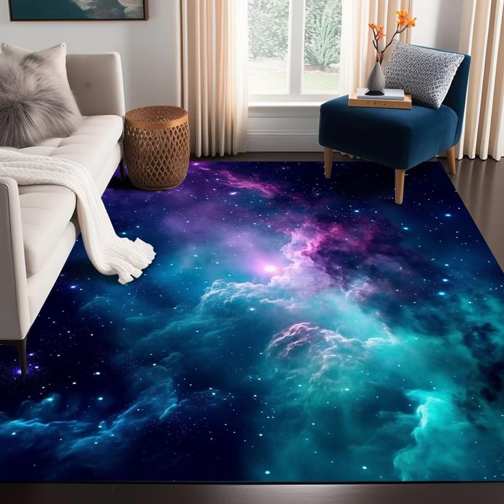 a living room with a couch, chair and rug that has an image of the stars in the sky on it