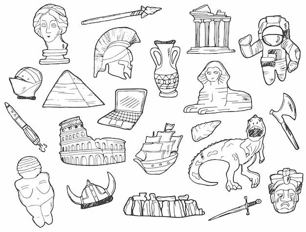 History Doodles Art, History Drawings Ideas, Museum Doodle, Crochet Sketch, History Doodles, Work Clipart, Sketch Notes Doodles, History Drawing, Contour Drawings