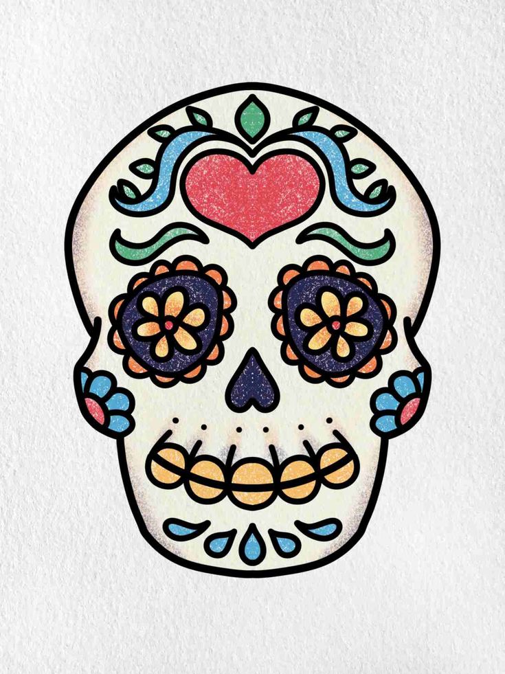 a drawing of a sugar skull with flowers on it's forehead and heart in the middle