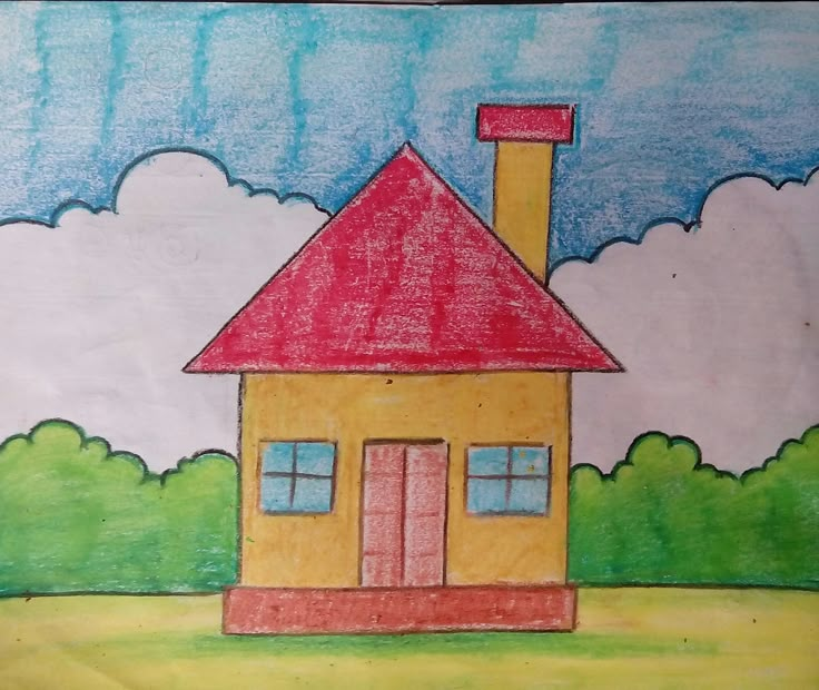 a drawing of a house in the middle of a field with trees and clouds behind it