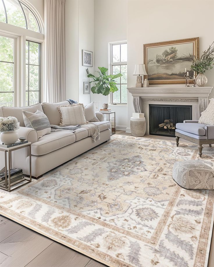 a living room filled with furniture and a large rug on top of a hard wood floor