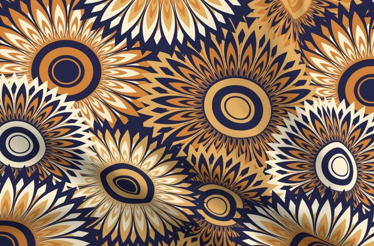 an abstract pattern with sunflowers in gold and blue colors on a black background