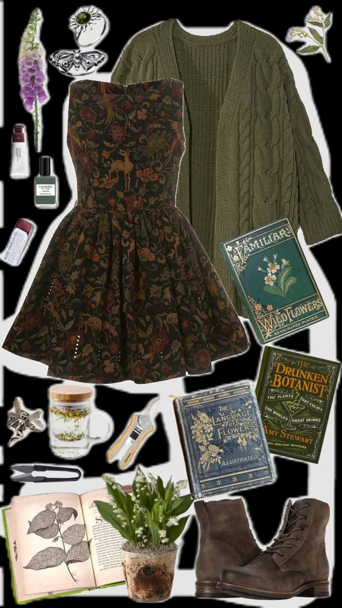 Soft Summer Cottagecore, 3rd House Fashion Aesthetic, Cottagecore Meets Dark Academia, Dark Academia Fairycore, Forest Core Aesthetic Outfits, Floral Academia Outfit, Witch Summer Aesthetic, Green Fairy Outfits, Cottage Core Academia Outfits