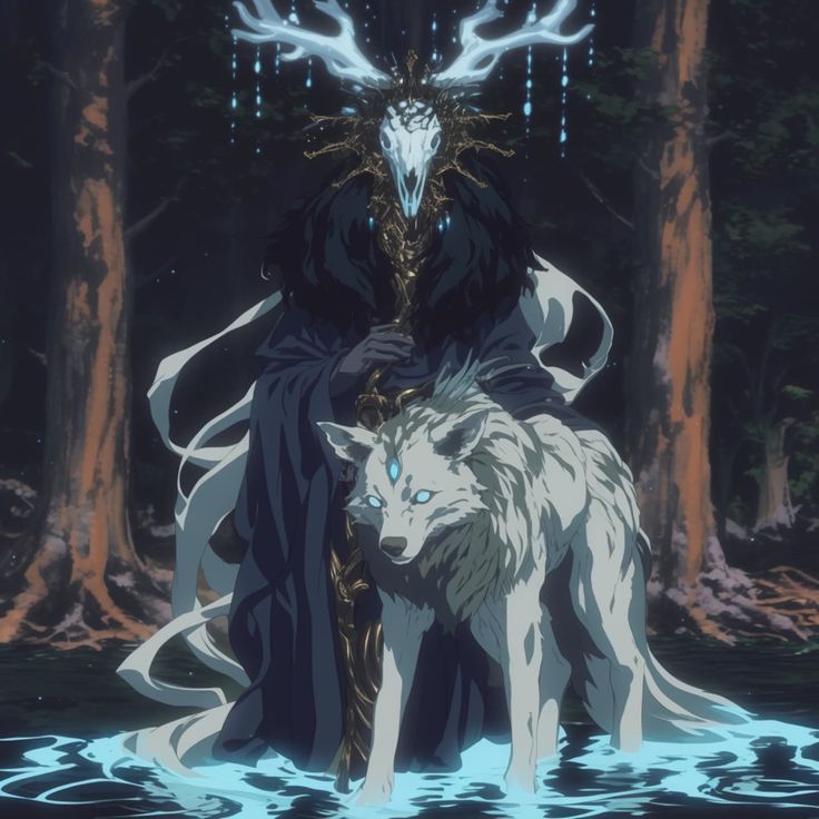 two wolfs are standing in the water with trees behind them and one is wearing a black cloak