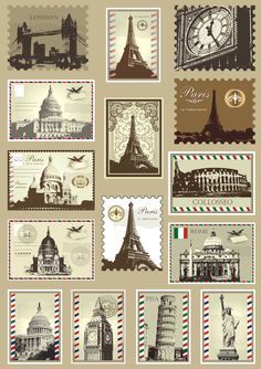 postage stamps with famous places and symbols in the form of postcards stock photo - budget conscious travel tips