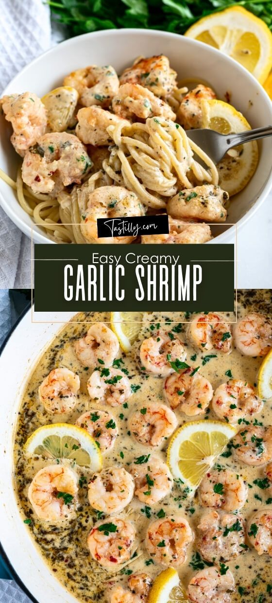 two pictures of shrimp and pasta with lemon wedges in a white bowl on a table