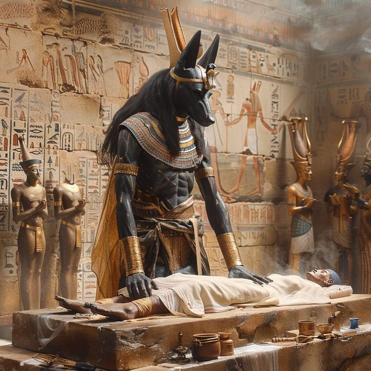 an egyptian statue is shown in front of some other ancient statues and artifacts, including the body of pharaoh tutane