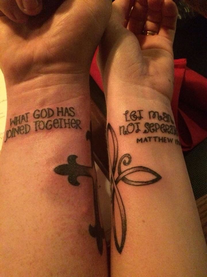 two people with matching tattoos on their arms that say, what god has done together