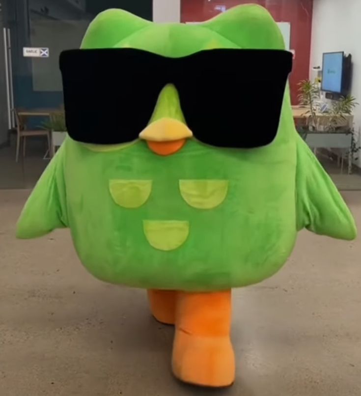 a green bird with sunglasses on it's face