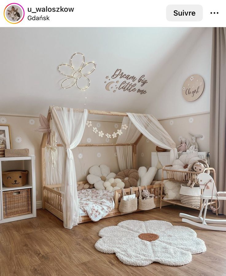 a child's bedroom is decorated in pink and white