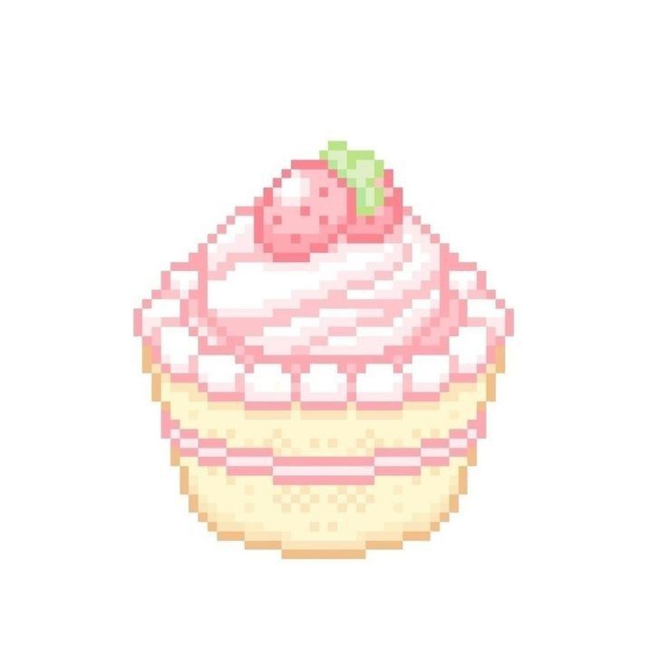 a pixelated cupcake with pink frosting and a strawberry on top is shown