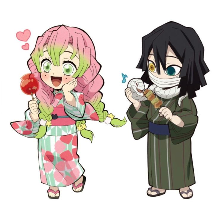 two anime characters wearing masks and holding lollipops, one with an apple