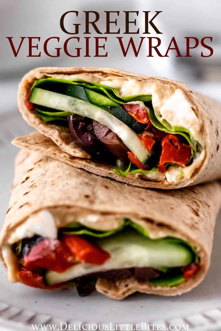 greek veggie wraps on a plate with text overlay