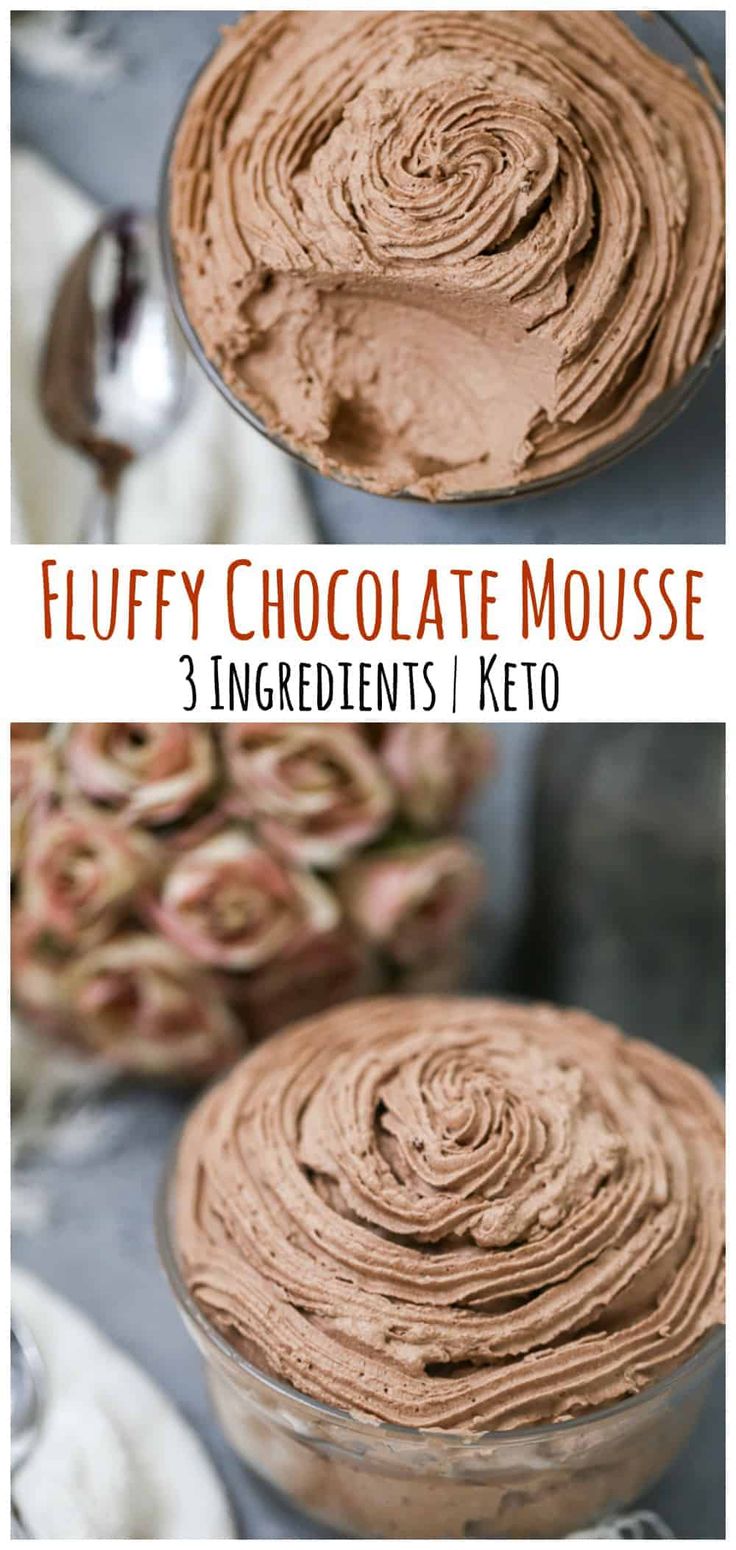 chocolate mousse in a glass bowl with the words, fluffy chocolate mousse ingredients